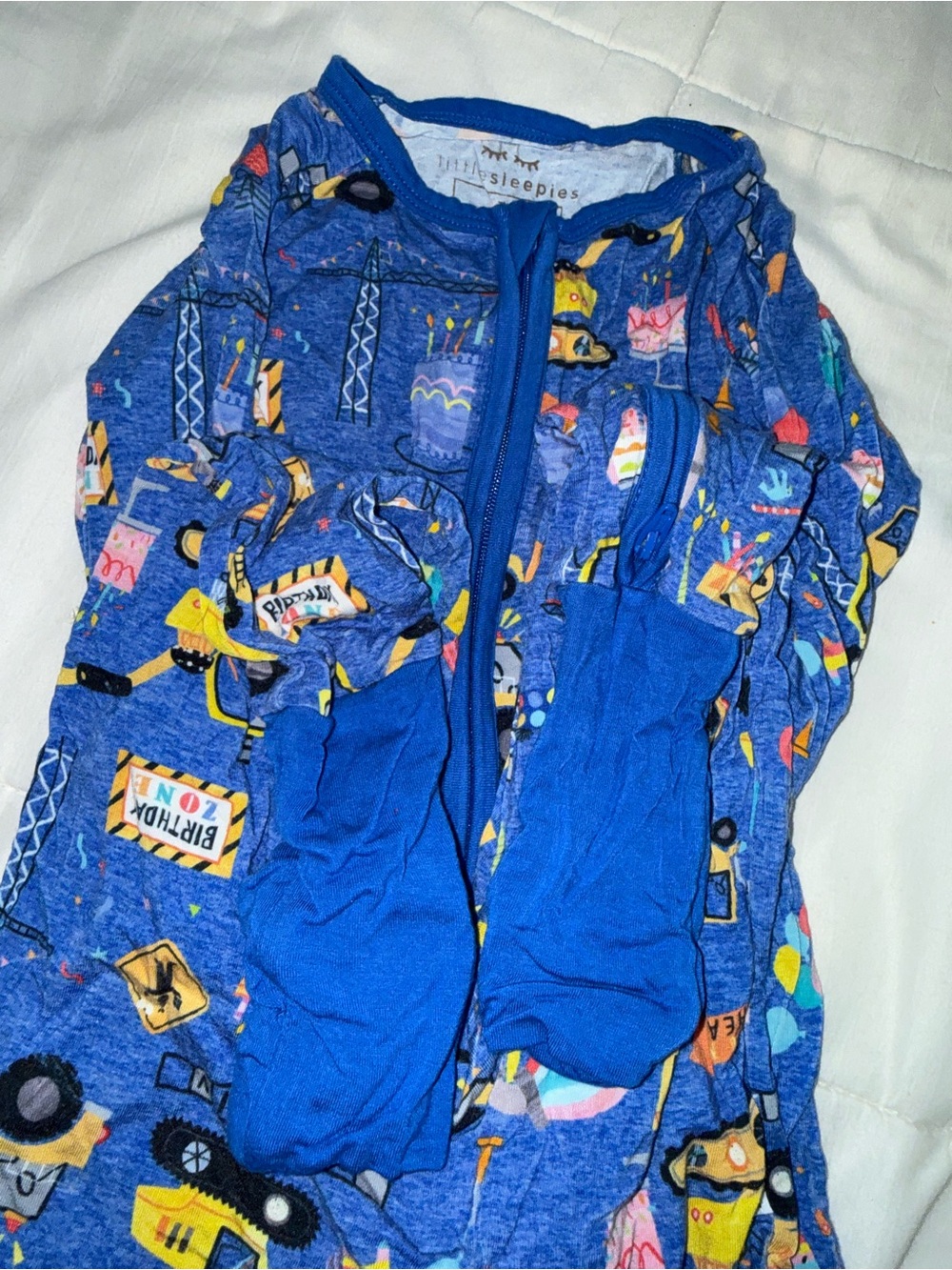 Little sleepies birthday Tonka trucks. Fold for footies or leave open